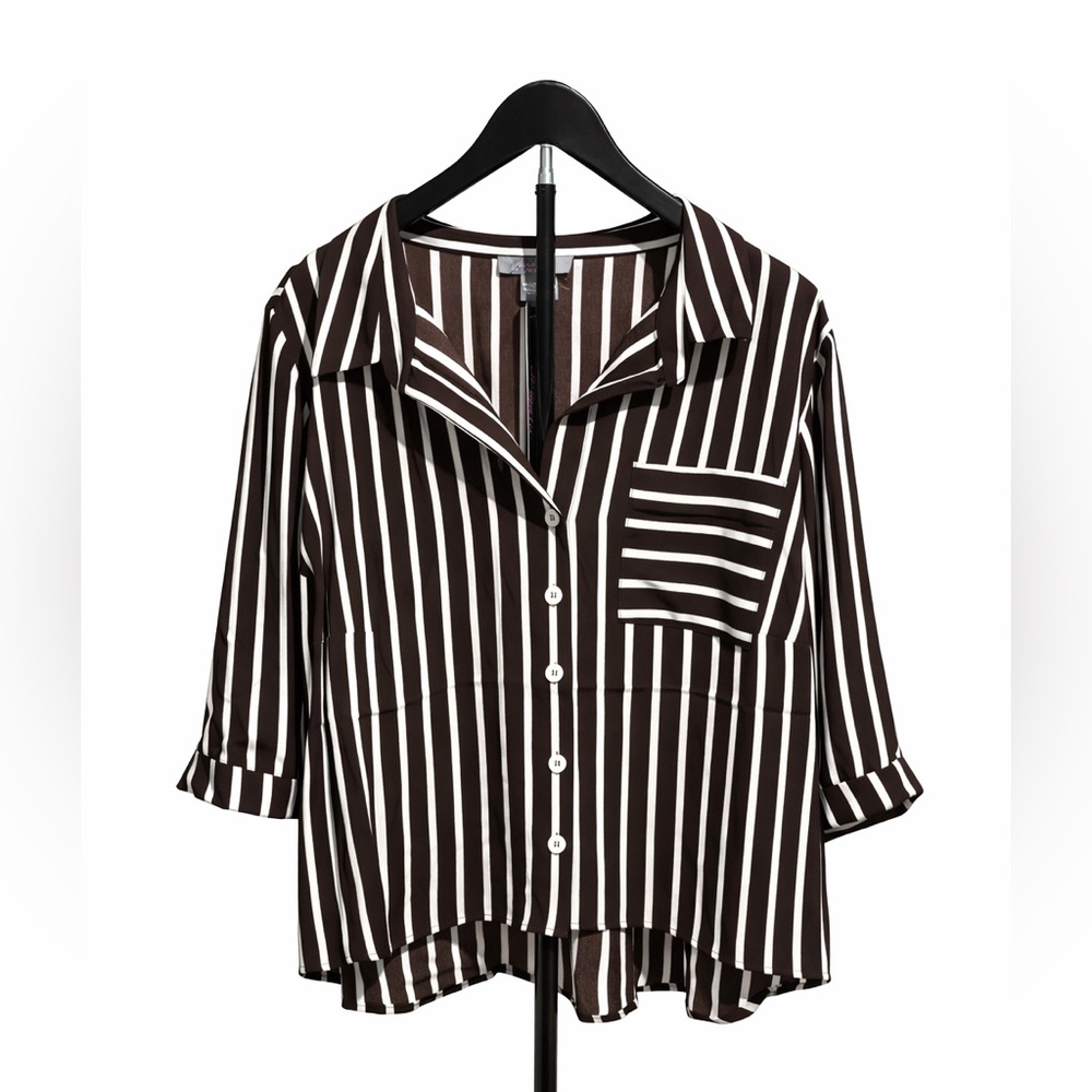 Brown and White Striped Button-Up Shirt